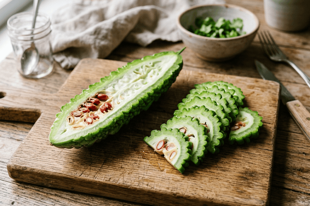 Halved and sliced bitter melon on a wooden cutting board