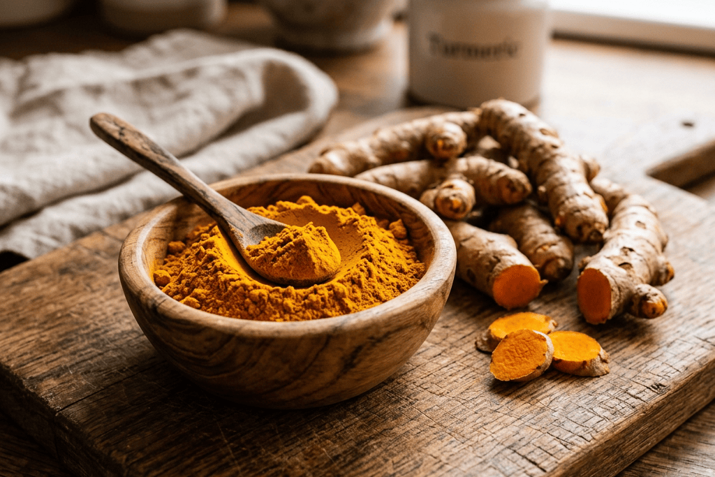 Bowl of turmeric powder with spoon beside fresh turmeric roots