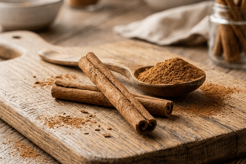 Crossed cinnamon sticks and powdered cinnamon